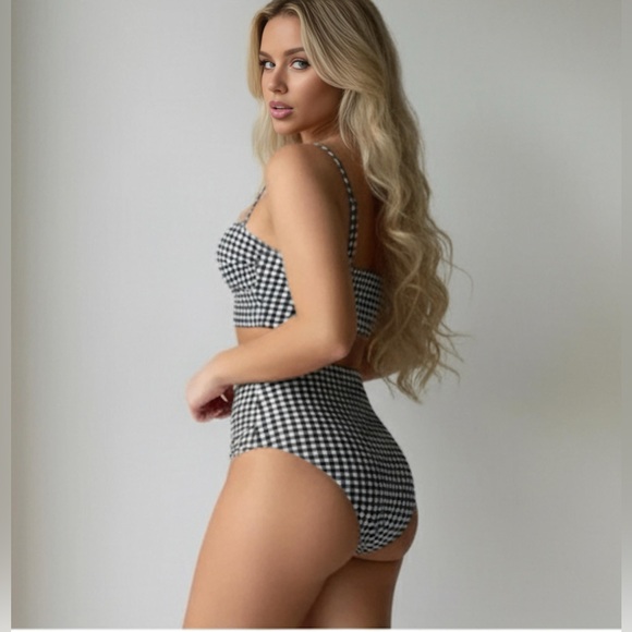 Gingham Twist Push Up Bra & High Waisted Bottom Bikini Blk/Wht - Picture 2 of 5